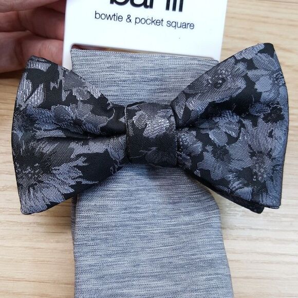 BAR III Mens Gray Floral Jacquard Textured Bow Tie Pocket Square Set - Picture 2 of 4